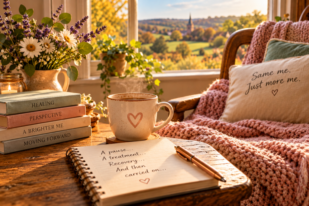 Warm sunlit reading nook with flowers, tea, journal and a soft pink blanket, symbolising life and recovery after cancer