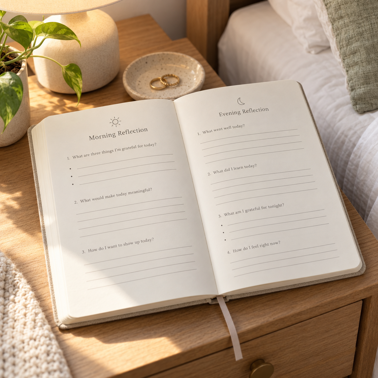 Open guided gratitude journal with morning and evening reflection prompts on a bedside table.