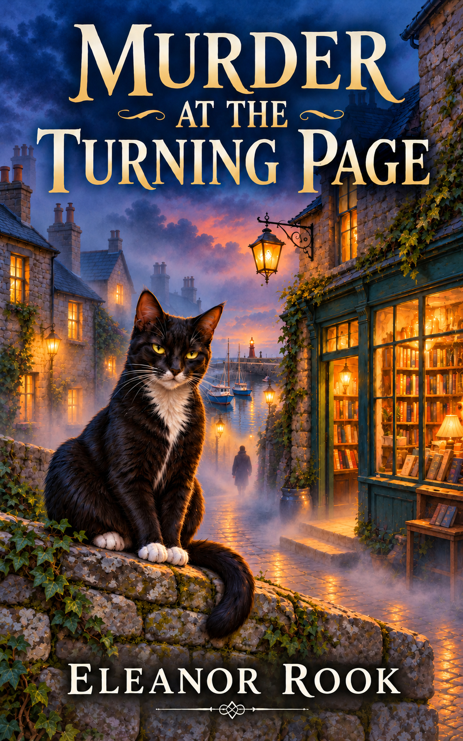 Murder at the Turning Page by Eleanor Rook. A black-and-white cat watches over a lamplit coastal village and bookshop.