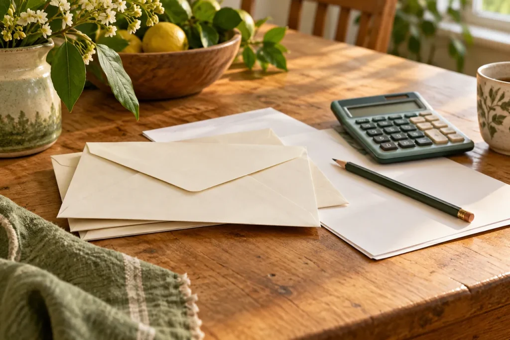 Unopened envelopes, blank paperwork, a pencil and a calculator on a wooden kitchen table.