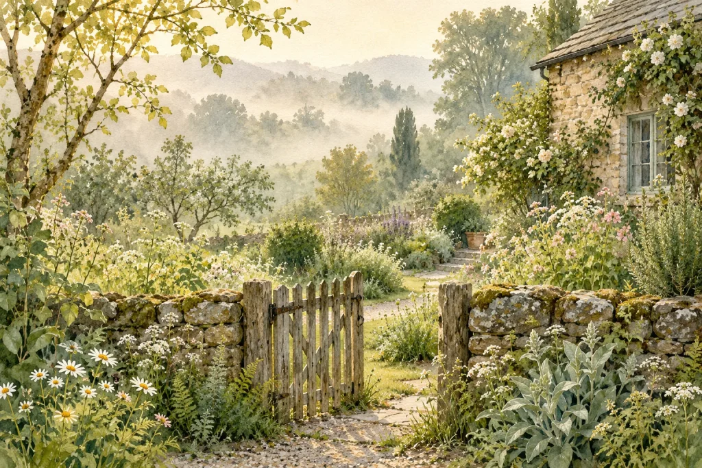 Watercolour of a wooden garden gate, wildflowers and stone cottage in soft morning mist.