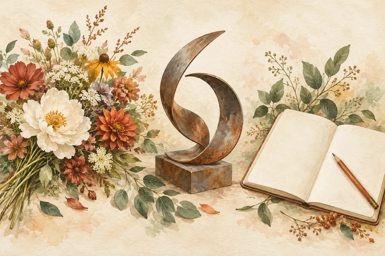 Watercolour of garden flowers, a curved steel sculpture and an open blank notebook with a pencil.