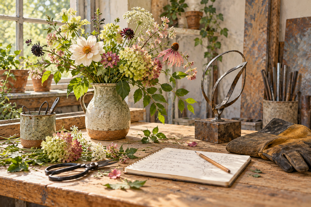 Illustration of flowers, a notebook, metal sculpture and protective gloves on a creative workbench.