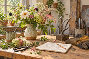 Illustration of flowers, a notebook, metal sculpture and protective gloves on a creative workbench.