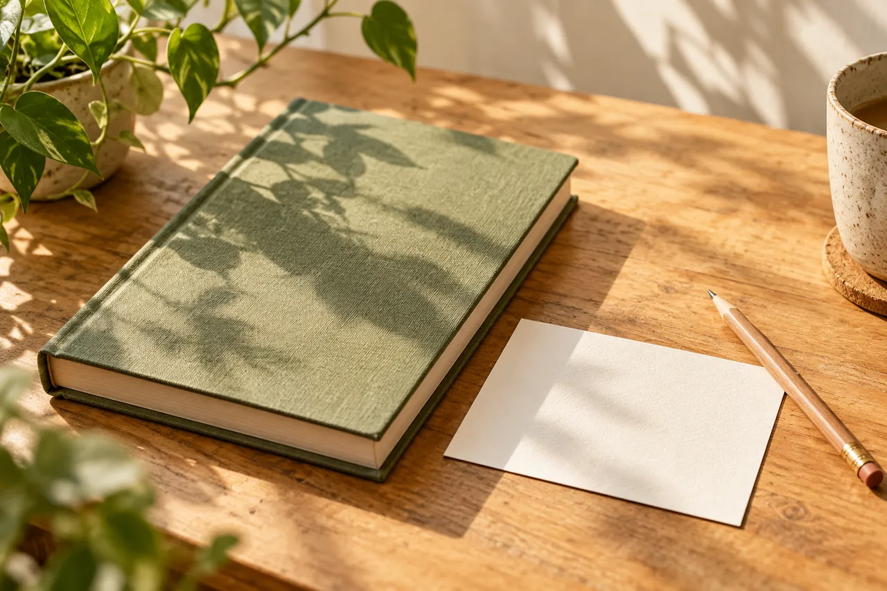 A closed green clothbound book, a blank note card and a pencil on a desk in dappled sunlight.