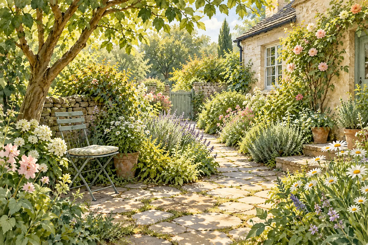 Watercolour of a stone garden path, flowers and a shaded garden chair beneath sunlit leaves.