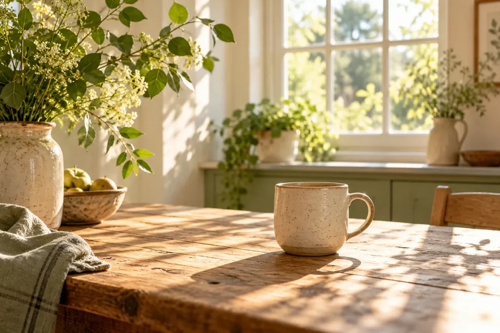 Soft morning sunlight and leafy shadows across a wooden kitchen table with a plain ceramic mug.