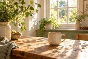Soft morning sunlight and leafy shadows across a wooden kitchen table with a plain ceramic mug.