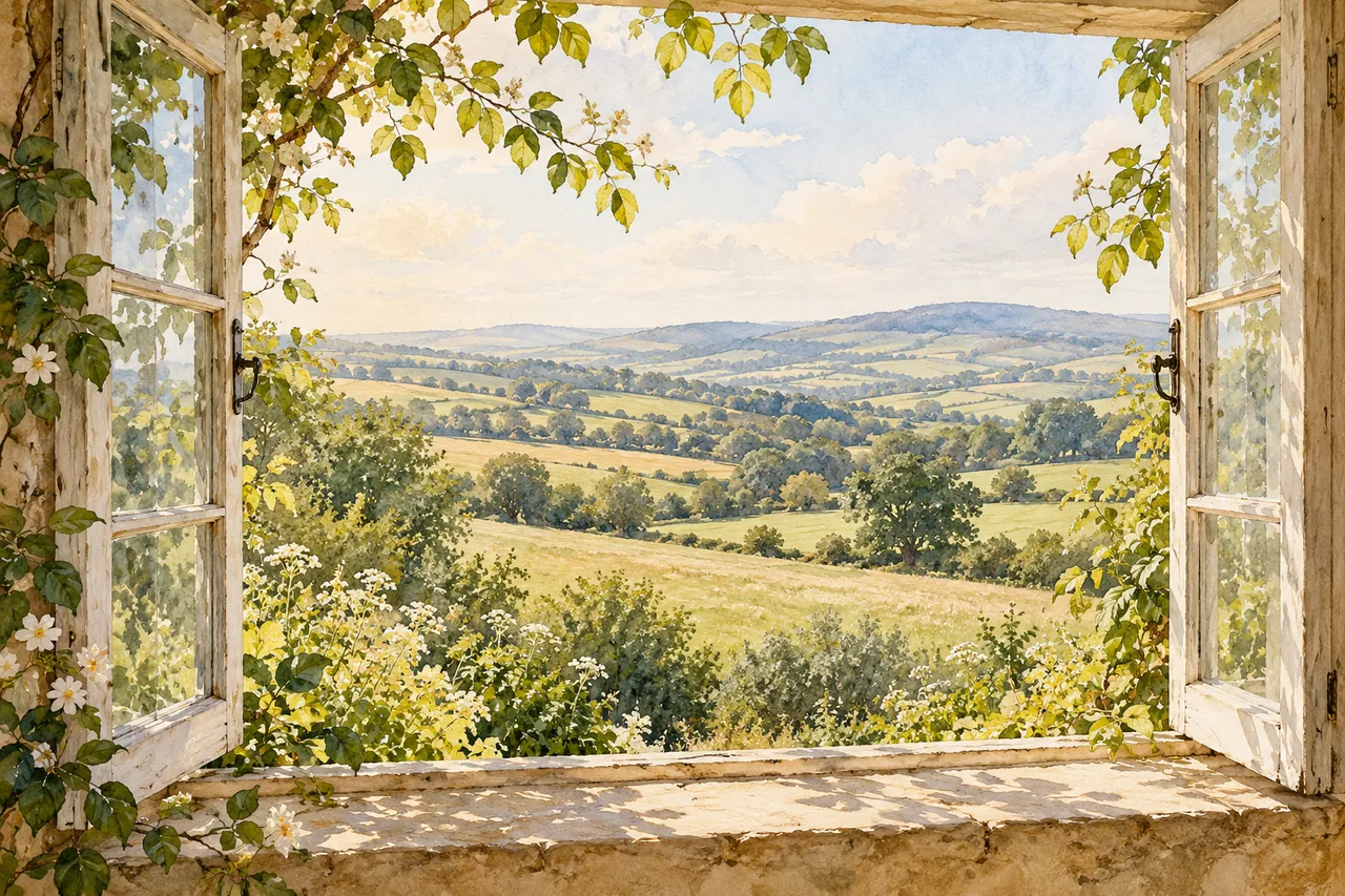 Watercolour of an open cottage window overlooking rolling fields and distant hills.