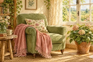 Watercolour of a green armchair with a rose-coloured throw beside a flowering plant and a sunlit window.