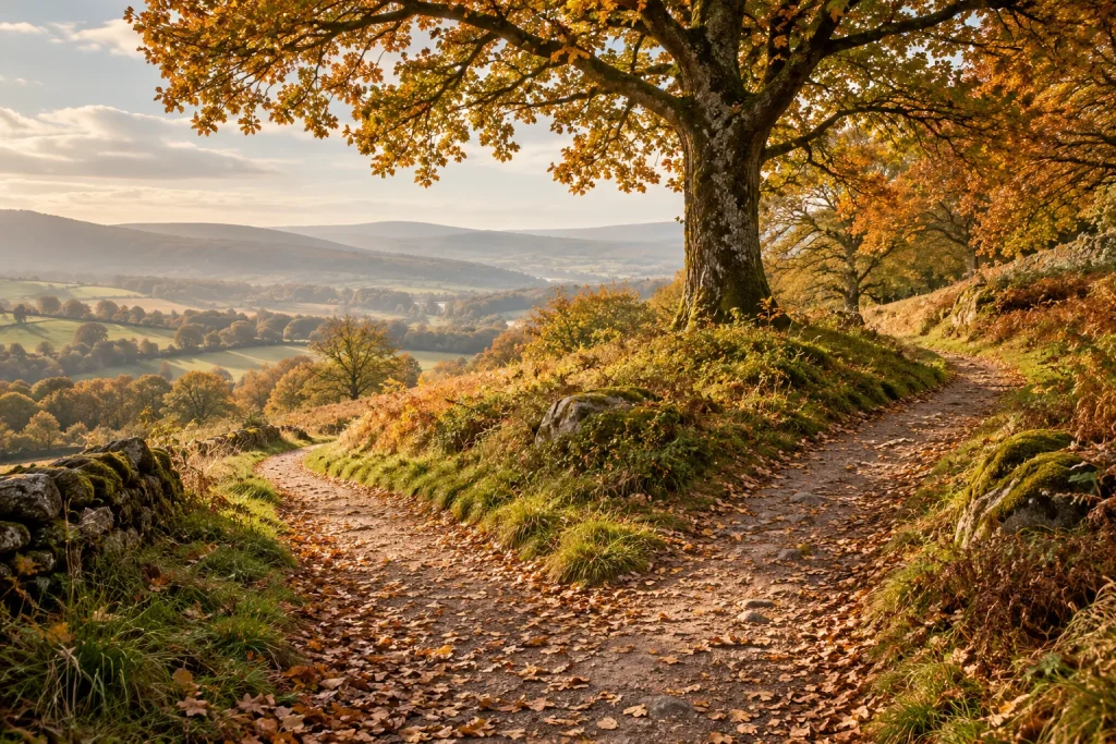 Two countryside footpaths divide beneath an autumn tree beside a stone wall and rolling fields.
