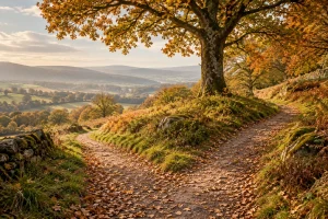 Two countryside footpaths divide beneath an autumn tree beside a stone wall and rolling fields.