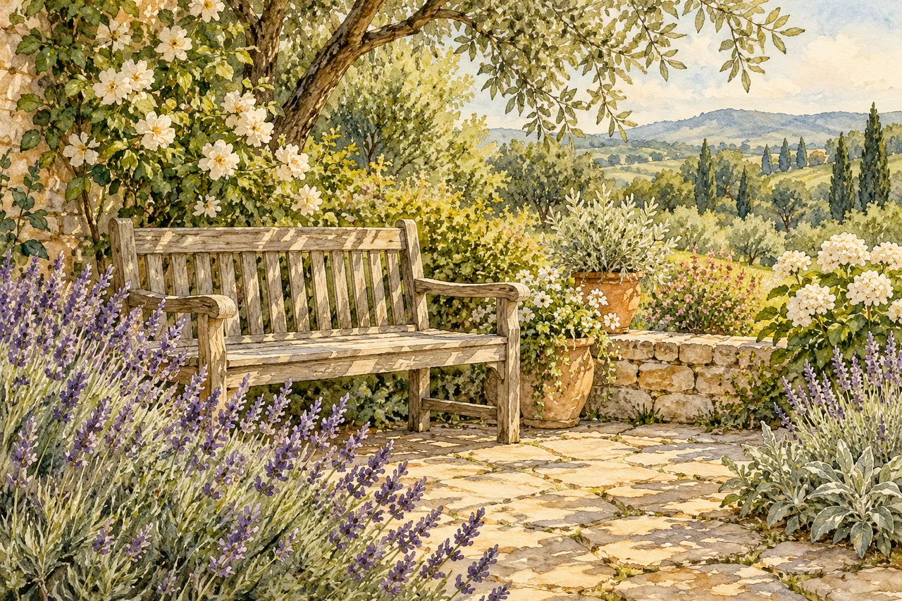 Watercolour of an empty wooden bench surrounded by lavender, flowering shrubs and stone paving.