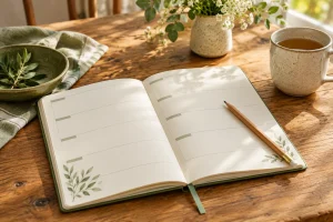 An open blank planner and pencil on a wooden table beside a ceramic mug in warm window light.