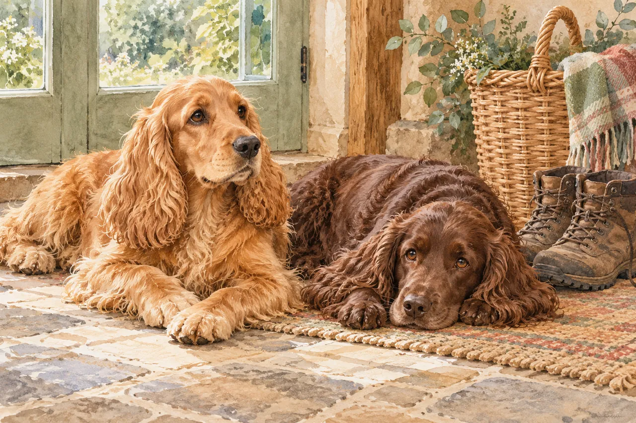 Watercolour of two generic golden and brown spaniels resting beside walking boots and a wicker basket.