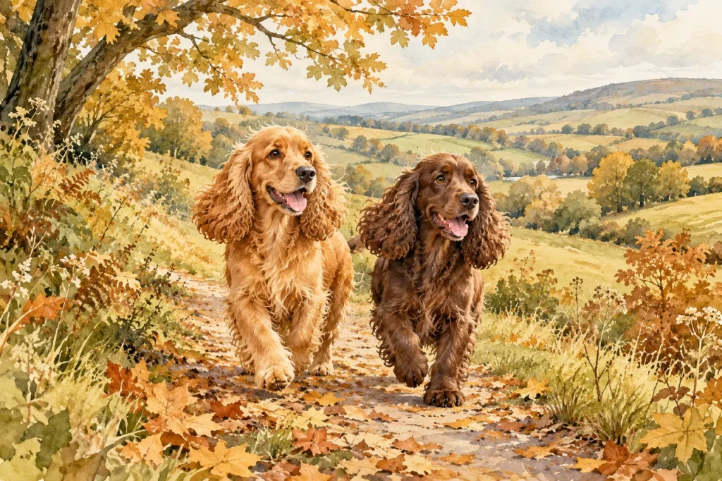 Watercolour of two generic golden and brown spaniels on an autumn countryside footpath.