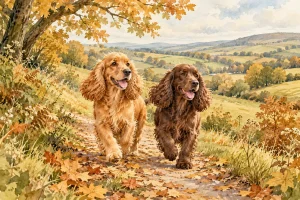 Watercolour of two generic golden and brown spaniels on an autumn countryside footpath.