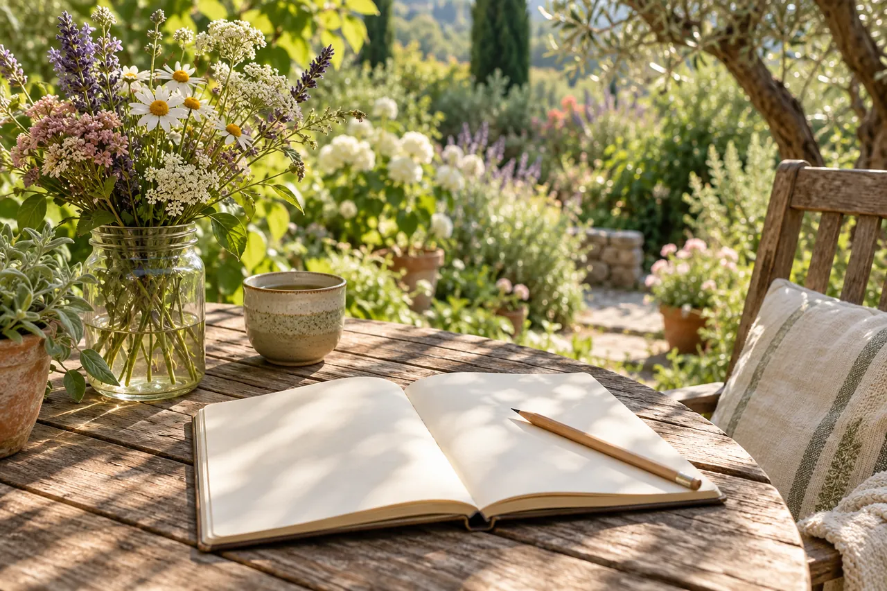 An open blank notebook and pencil on a garden table beside a glass jar of flowers and a small cup.