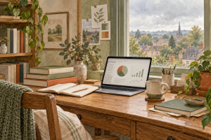 Illustration of a laptop, study books, notebook and mug on a desk beside a window.