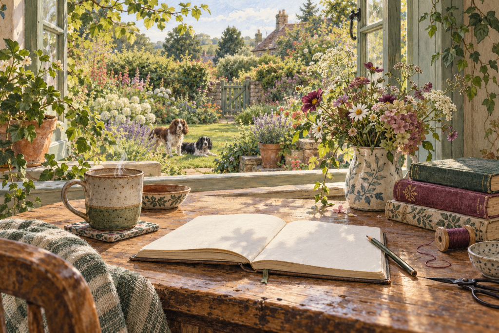 Illustration of a mug, an open notebook and garden flowers beside a window, with two spaniels in the garden beyond.