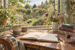 Illustration of a mug, an open notebook and garden flowers beside a window, with two spaniels in the garden beyond.