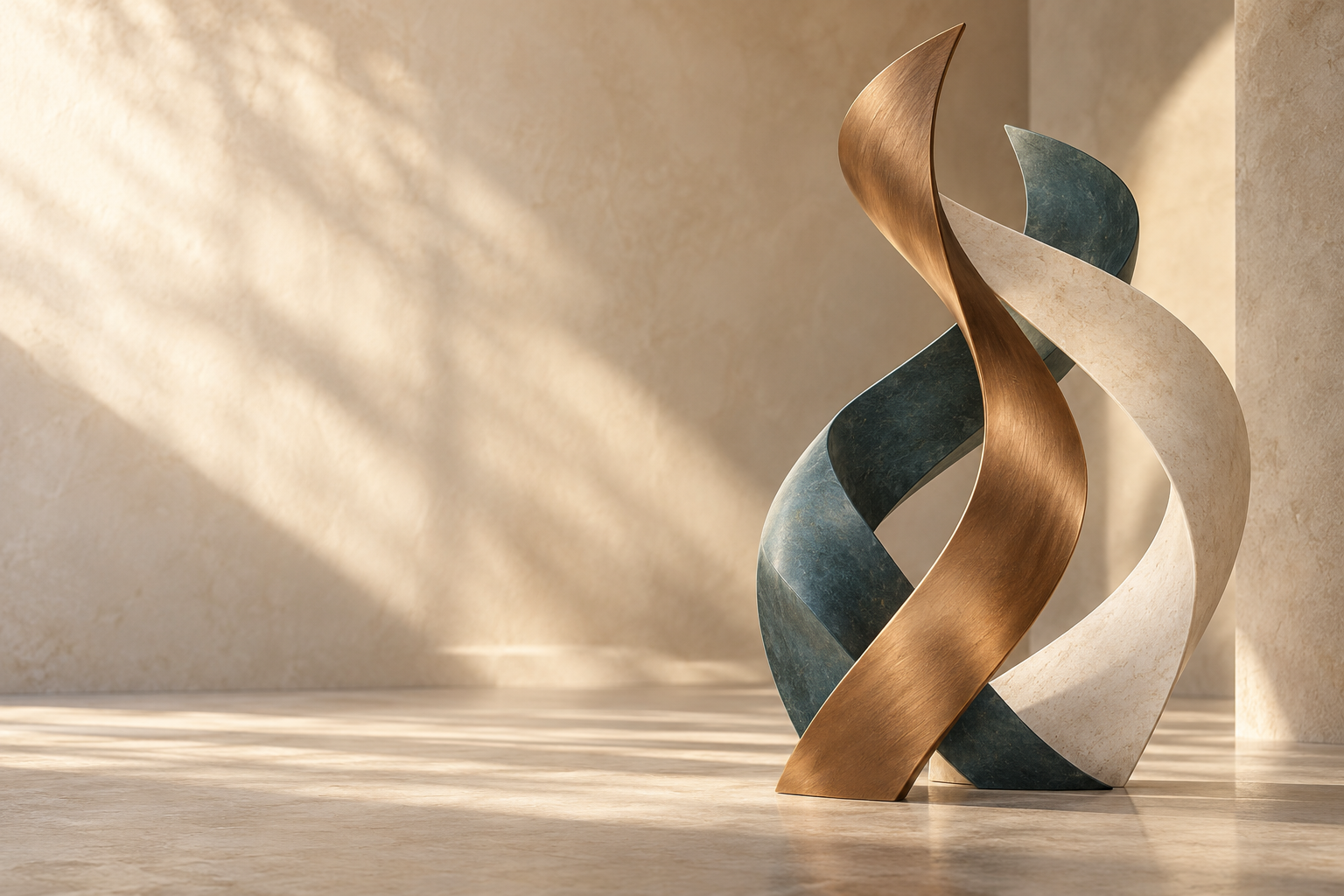 Abstract flowing sculptures in warm bronze, slate teal and pale stone.